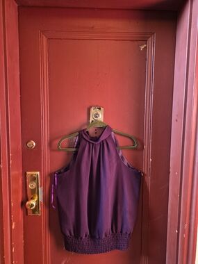 Voice Women's Plum Sleeveles Blouse With Bow At The Neck-back Size Large